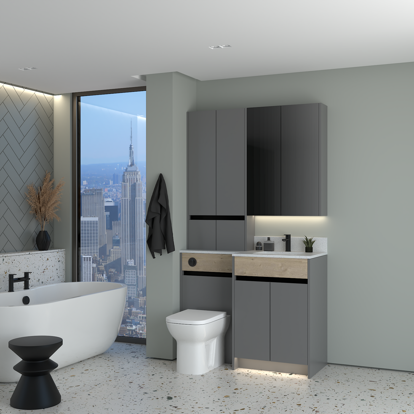 ELANA OAK / MATT WITH BLACK PROFILE & TAP BASE, TALL & WALL UNITS BATHROOM FITTED FURNITURE