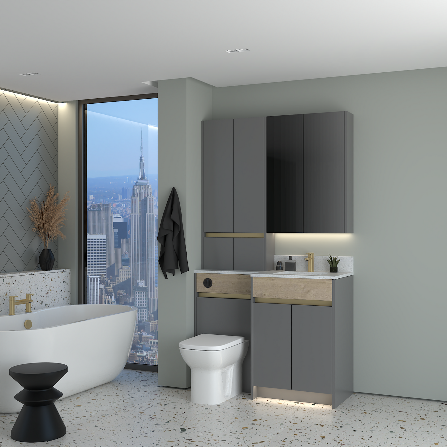 ELANA OAK / MATT WITH BRASS PROFILE & TAP BASE, TALL & WALL UNITS BATHROOM FITTED FURNITURE