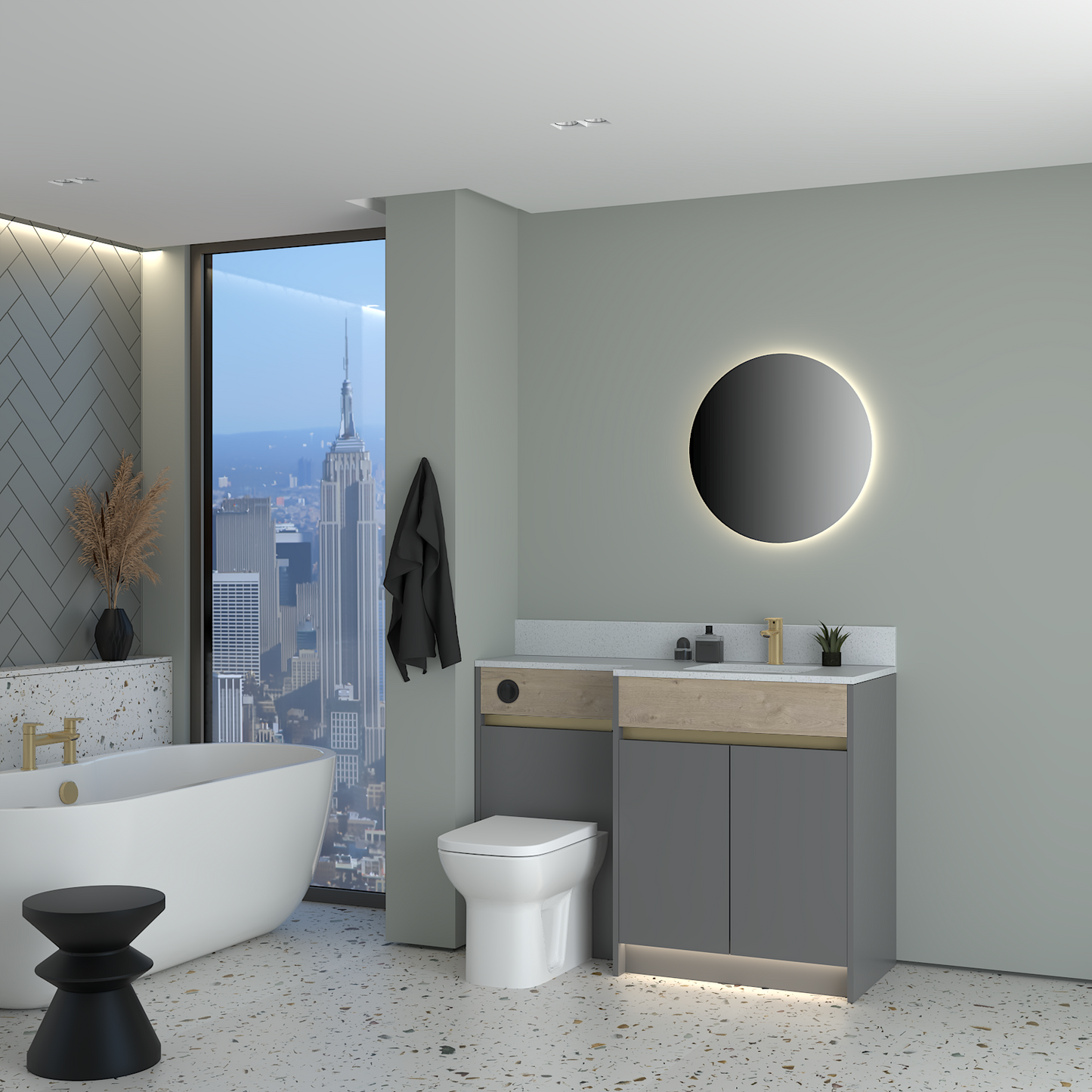 ELANA OAK / MATT WITH BRASS PROFILE & TAP BASE UNITS BATHROOM FITTED FURNITURE
