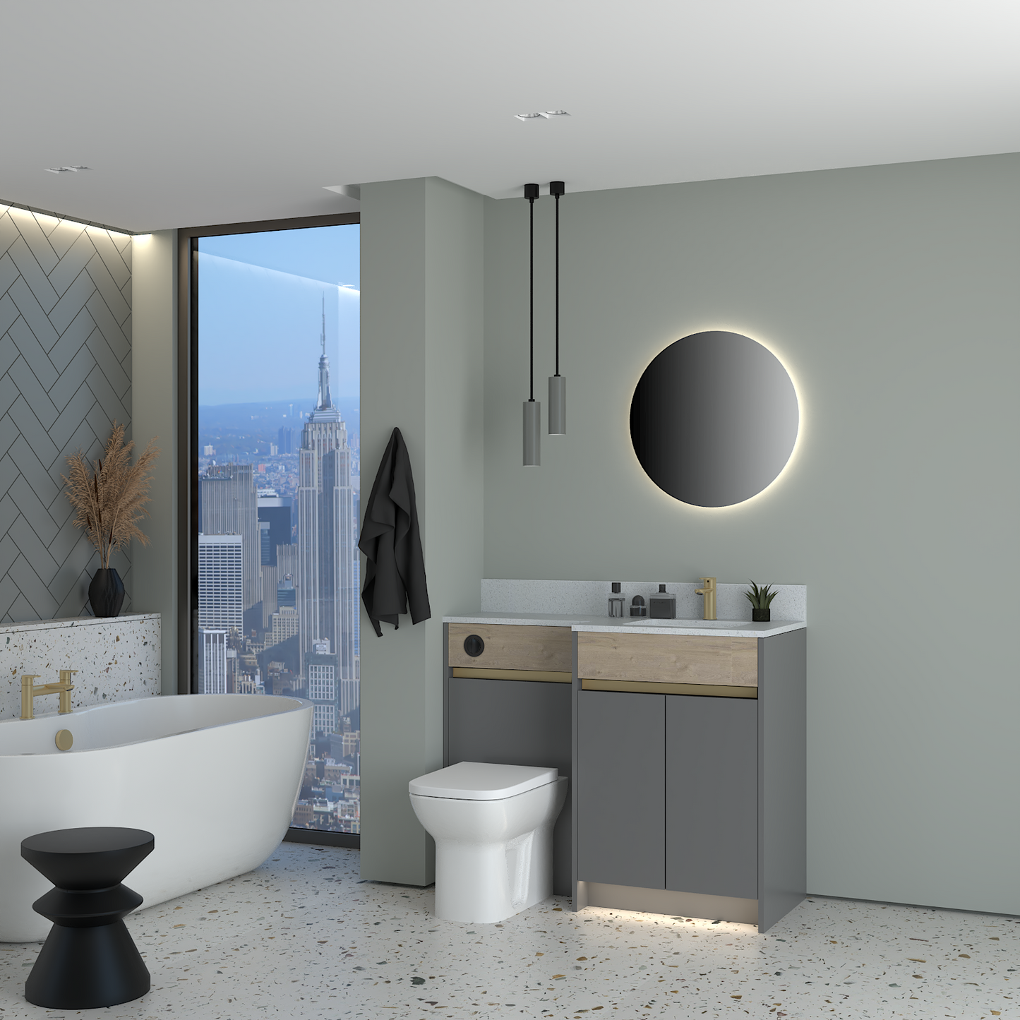 ELANA OAK / MATT WITH BRASS PROFILE & TAP BASE UNITS BATHROOM FITTED FURNITURE