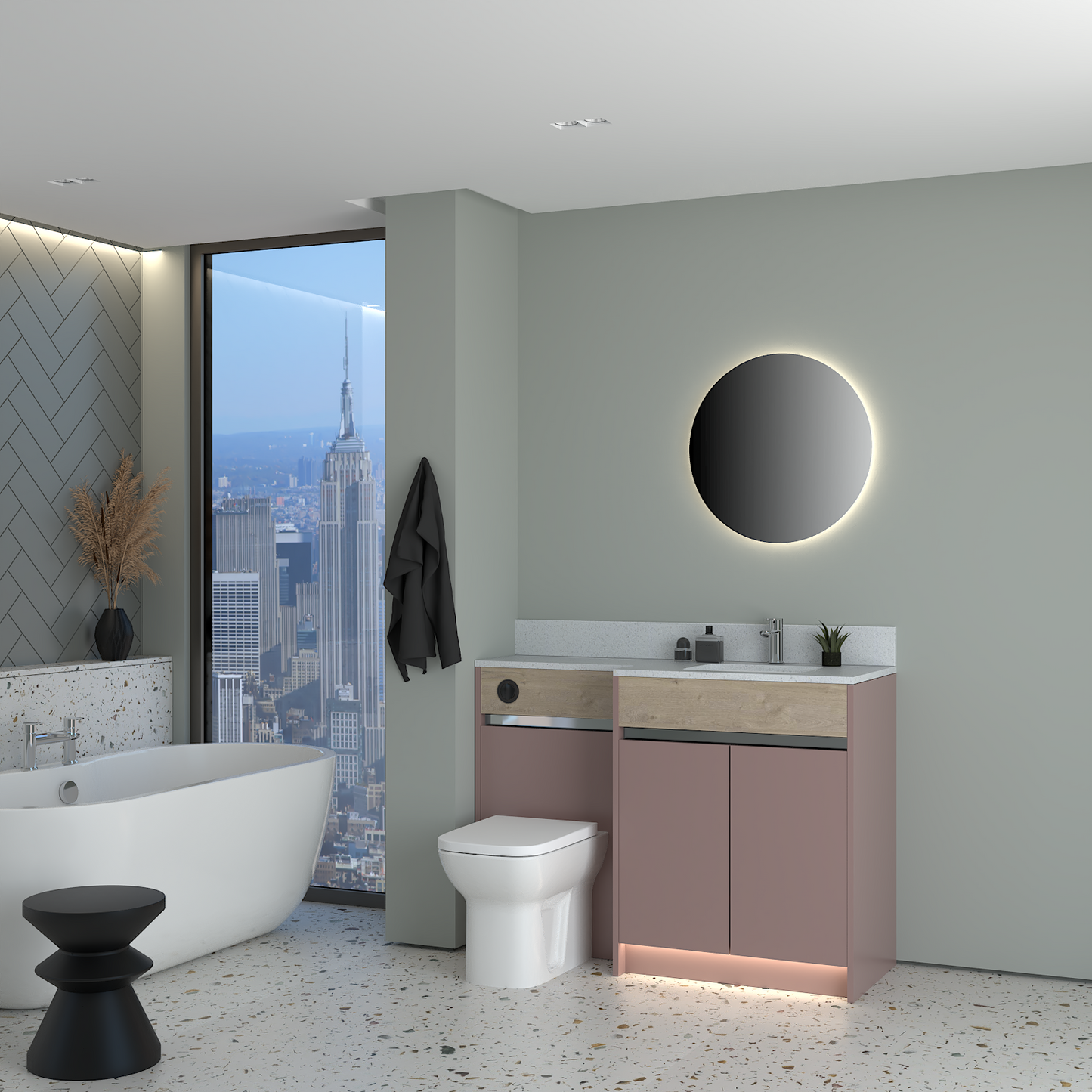 ELANA OAK / MATT WITH CHROME PROFILE & TAP BASE UNITS BATHROOM FITTED FURNITURE