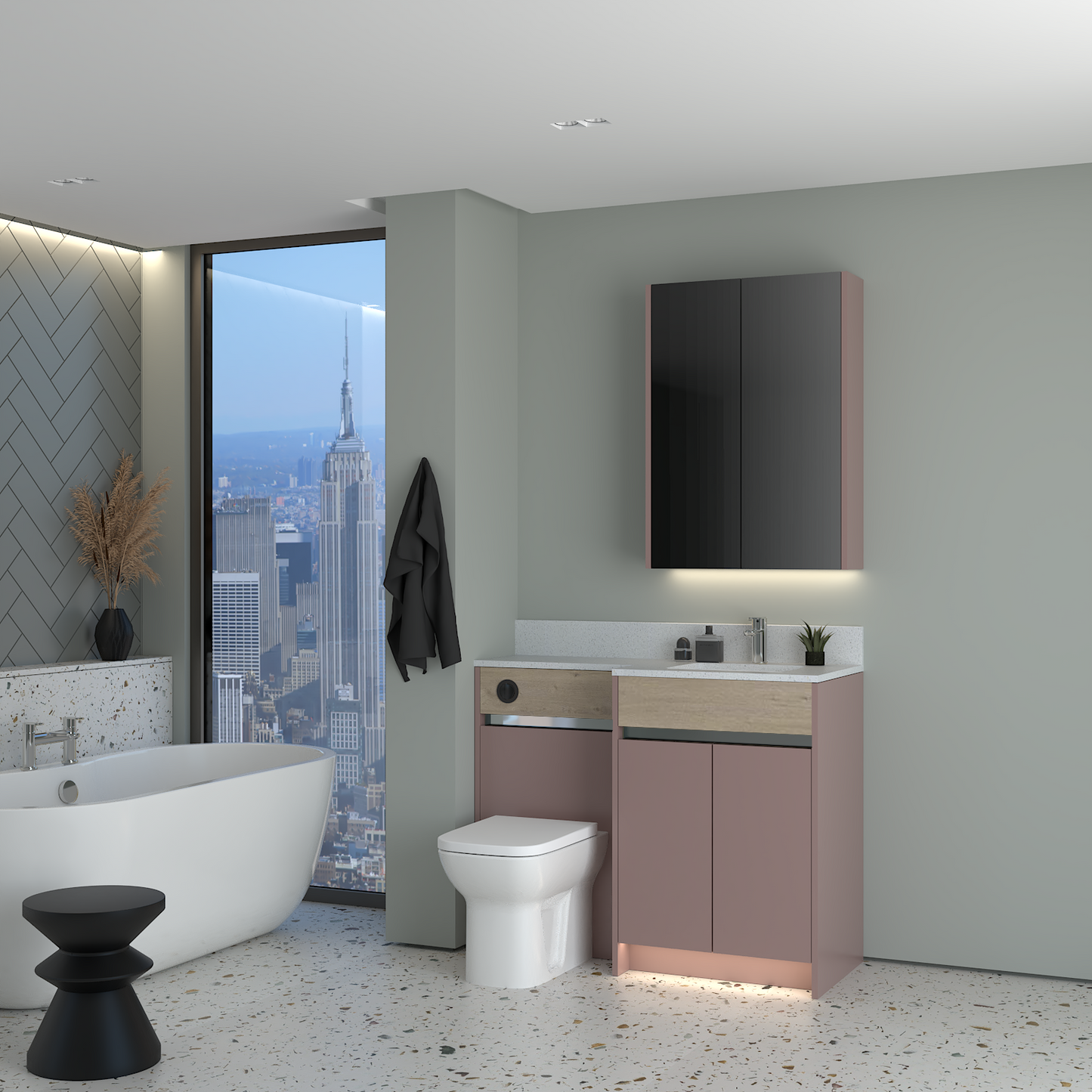 ELANA OAK / MATT WITH CHROME PROFILE & TAP BASE & WALL UNITS BATHROOM FITTED FURNITURE