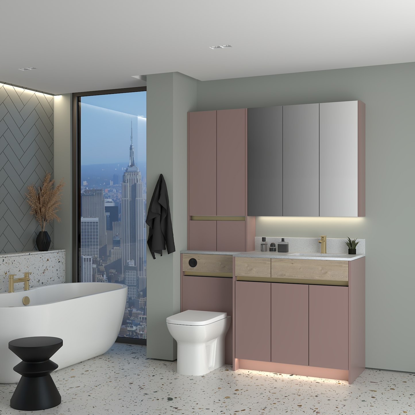 ELANA OAK / MATT WITH BRASS PROFILE & TAP BASE, TALL & WALL UNITS BATHROOM FITTED FURNITURE