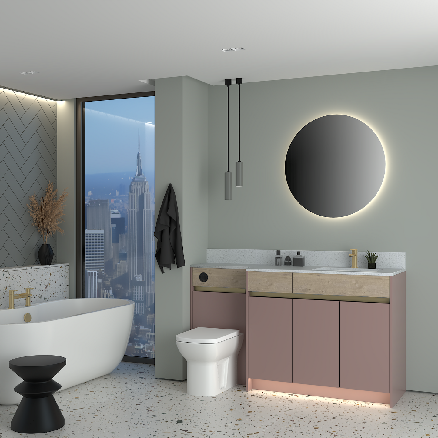 ELANA OAK / MATT WITH BRASS PROFILE & TAP BASE UNITS BATHROOM FITTED FURNITURE