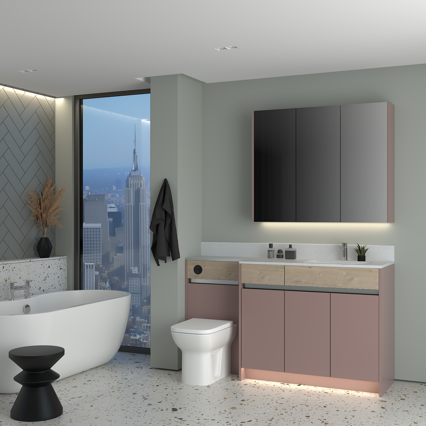 ELANA OAK / MATT WITH CHROME PROFILE & TAP BASE & WALL UNITS BATHROOM FITTED FURNITURE
