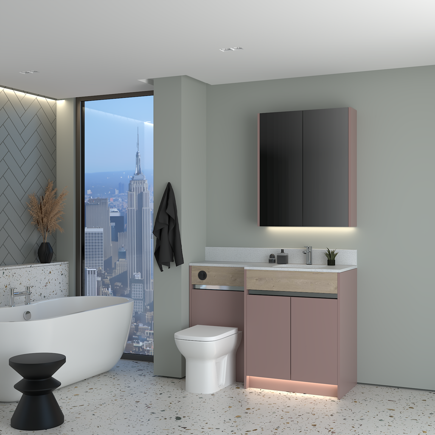 ELANA OAK / MATT WITH CHROME PROFILE & TAP BASE & WALL UNITS BATHROOM FITTED FURNITURE
