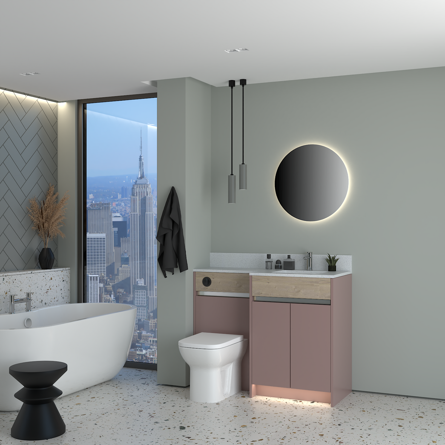 ELANA OAK / MATT WITH CHROME PROFILE & TAP BASE UNITS BATHROOM FITTED FURNITURE