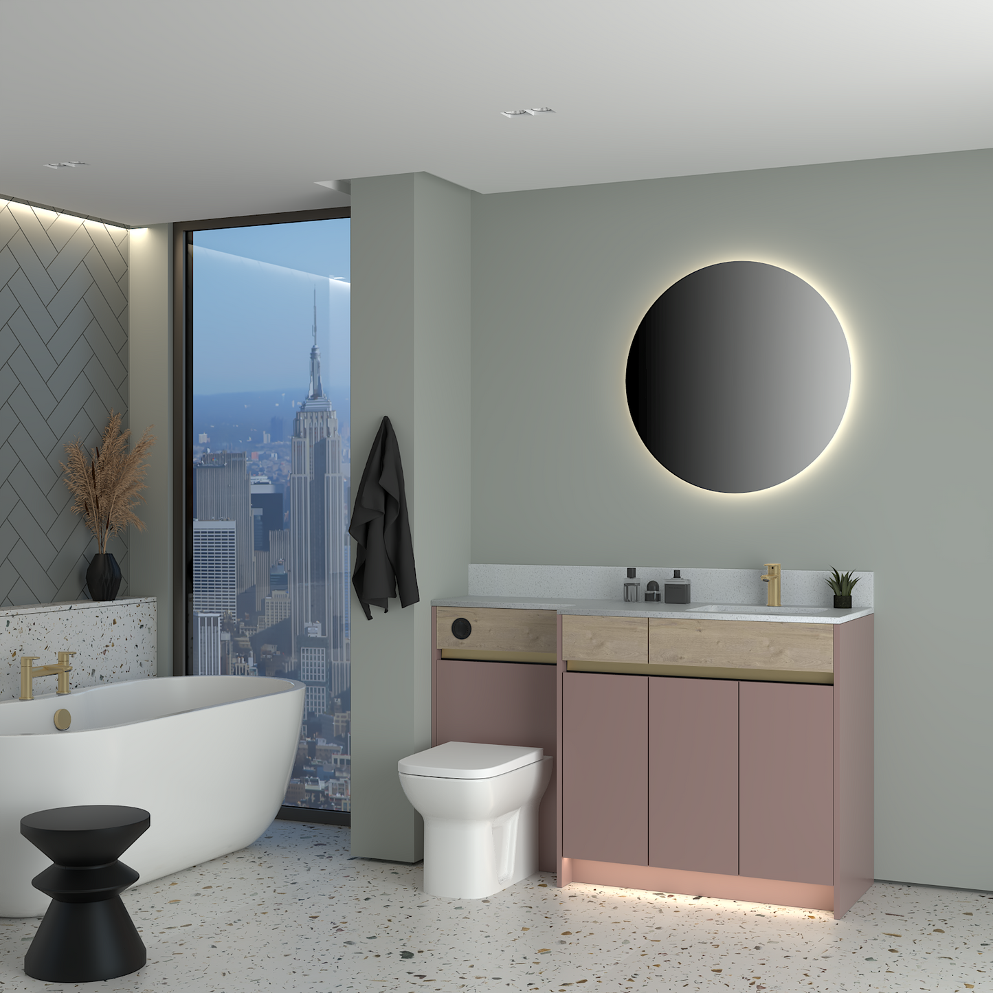 ELANA OAK / MATT WITH BRASS PROFILE & TAP BASE UNITS BATHROOM FITTED FURNITURE