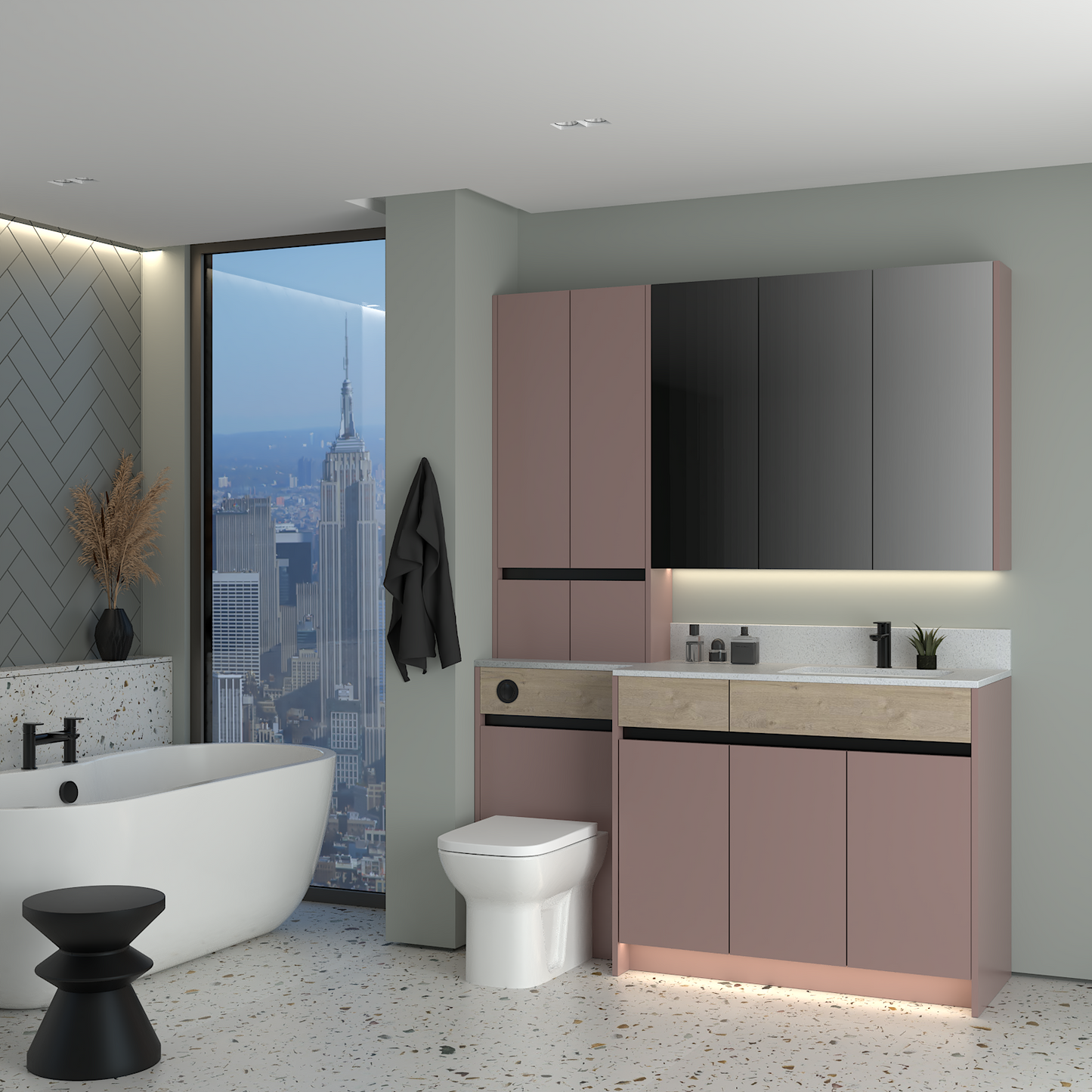ELANA OAK / MATT WITH BLACK PROFILE & TAP BASE, TALL & WALL UNITS BATHROOM FITTED FURNITURE
