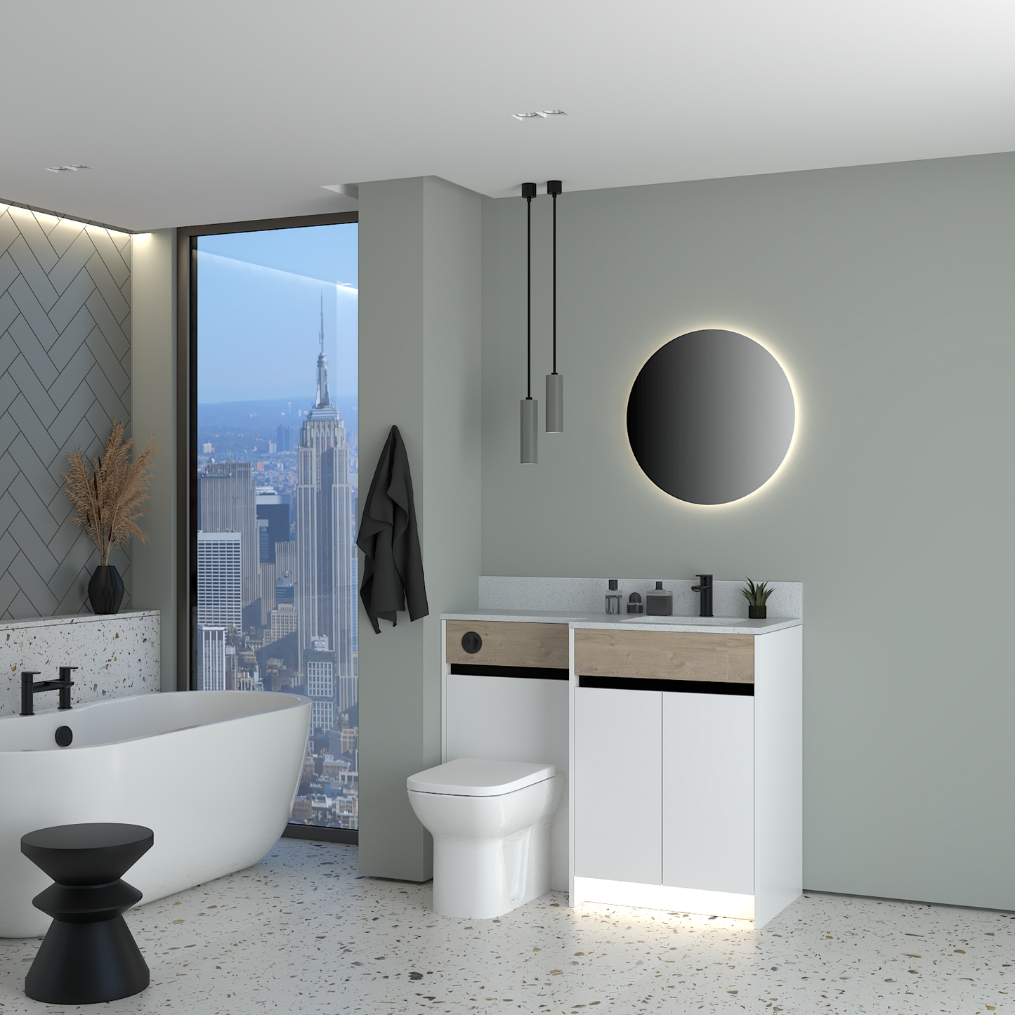 ELANA OAK / MATT WITH BLACK PROFILE & TAP BASE UNITS BATHROOM FITTED FURNITURE