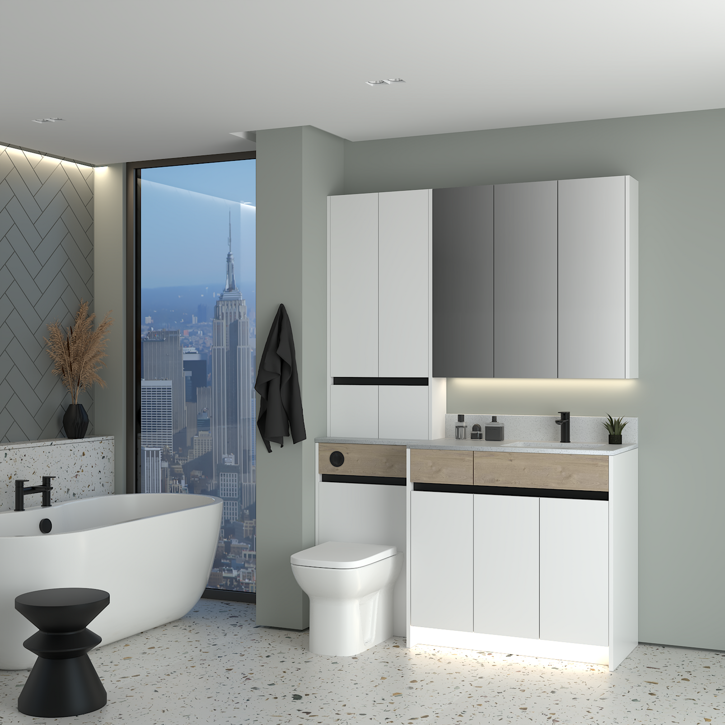 ELANA OAK / MATT WITH BLACK PROFILE & TAP BASE, TALL & WALL UNITS BATHROOM FITTED FURNITURE