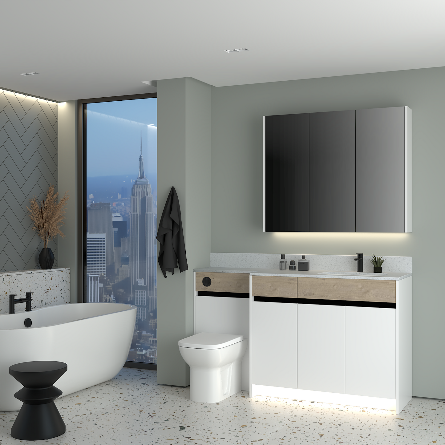 ELANA OAK / MATT WITH BLACK PROFILE & TAP BASE & WALL UNITS BATHROOM FITTED FURNITURE