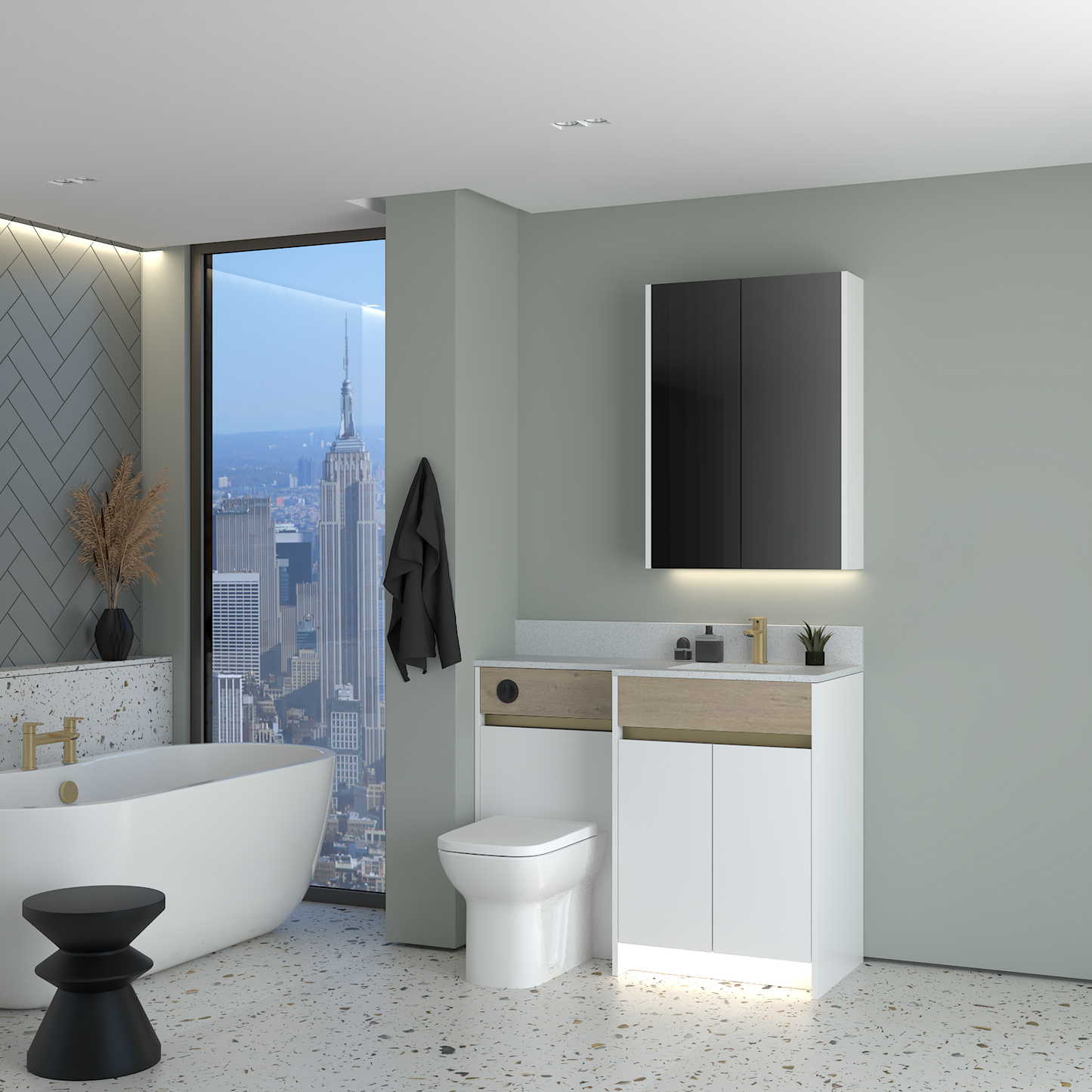 ELANA OAK / MATT WITH BRASS PROFILE & TAP BASE & WALL UNITS BATHROOM FITTED FURNITURE