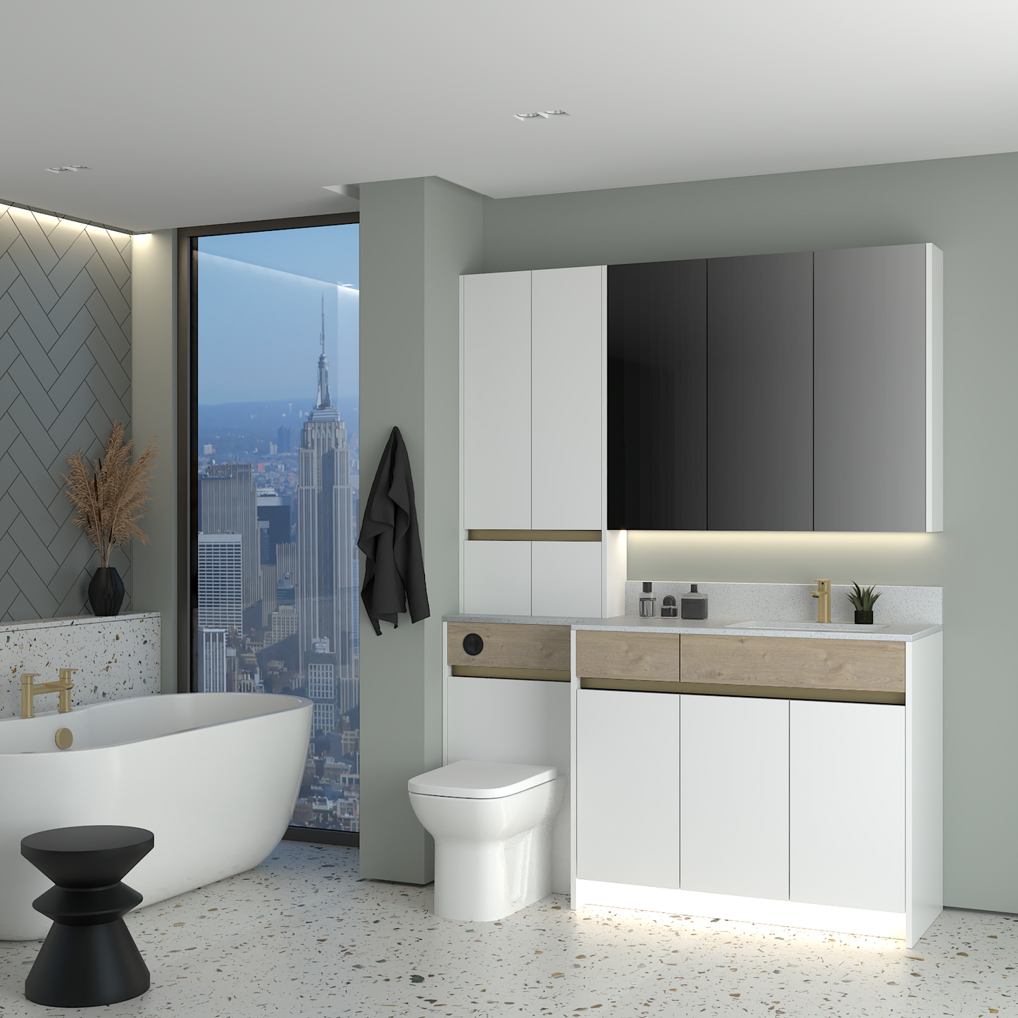ELANA OAK / MATT WITH BRASS PROFILE & TAP BASE, TALL & WALL UNITS BATHROOM FITTED FURNITURE