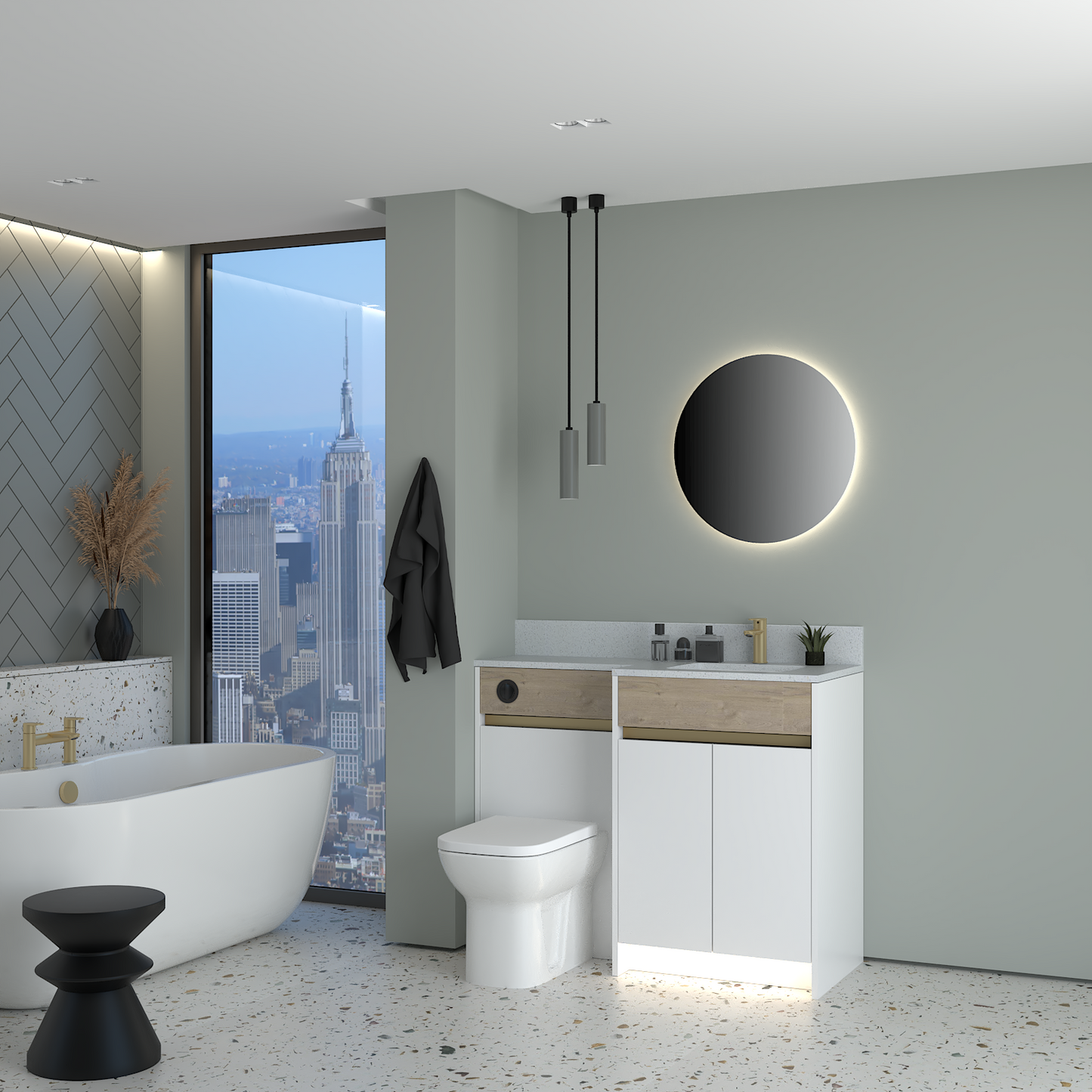 ELANA OAK / MATT WITH BRASS PROFILE & TAP BASE UNITS BATHROOM FITTED FURNITURE