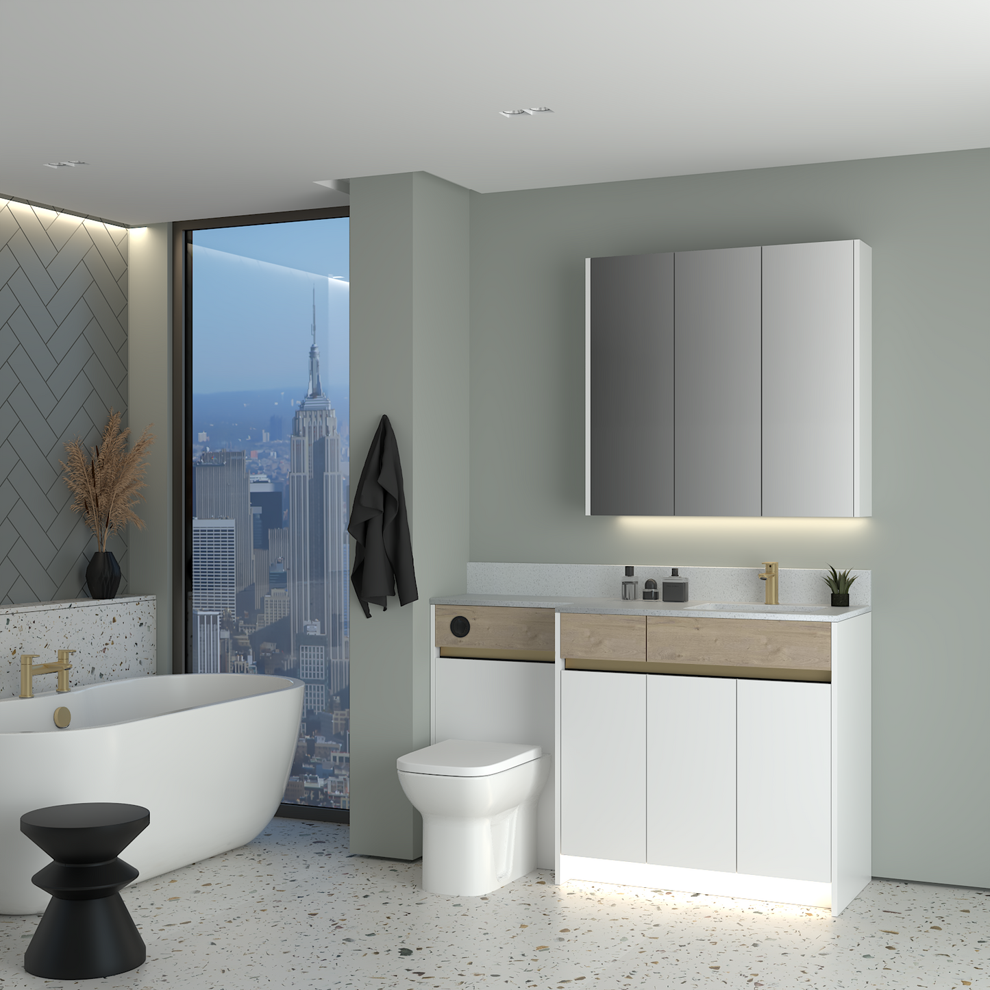 ELANA OAK / MATT WITH BRASS PROFILE & TAP BASE & WALL UNITS BATHROOM FITTED FURNITURE