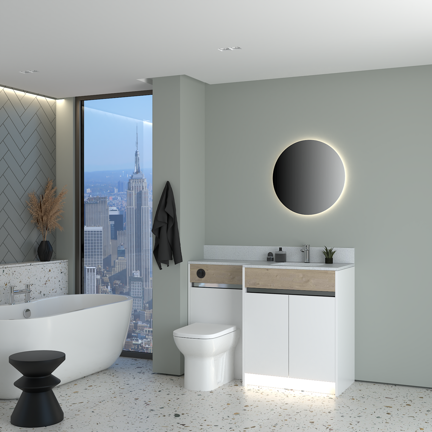 ELANA OAK / MATT WITH CHROME PROFILE & TAP BASE UNITS BATHROOM FITTED FURNITURE