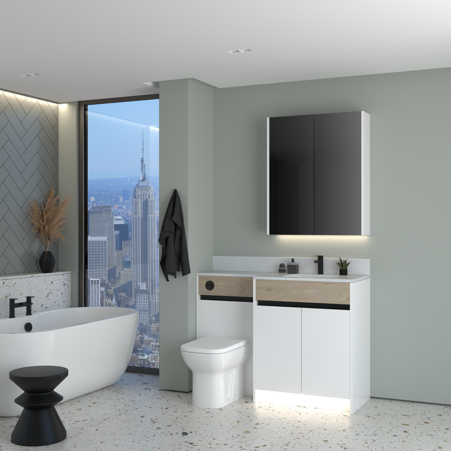 ELANA OAK / MATT WITH BLACK PROFILE & TAP BASE & WALL UNITS BATHROOM FITTED FURNITURE