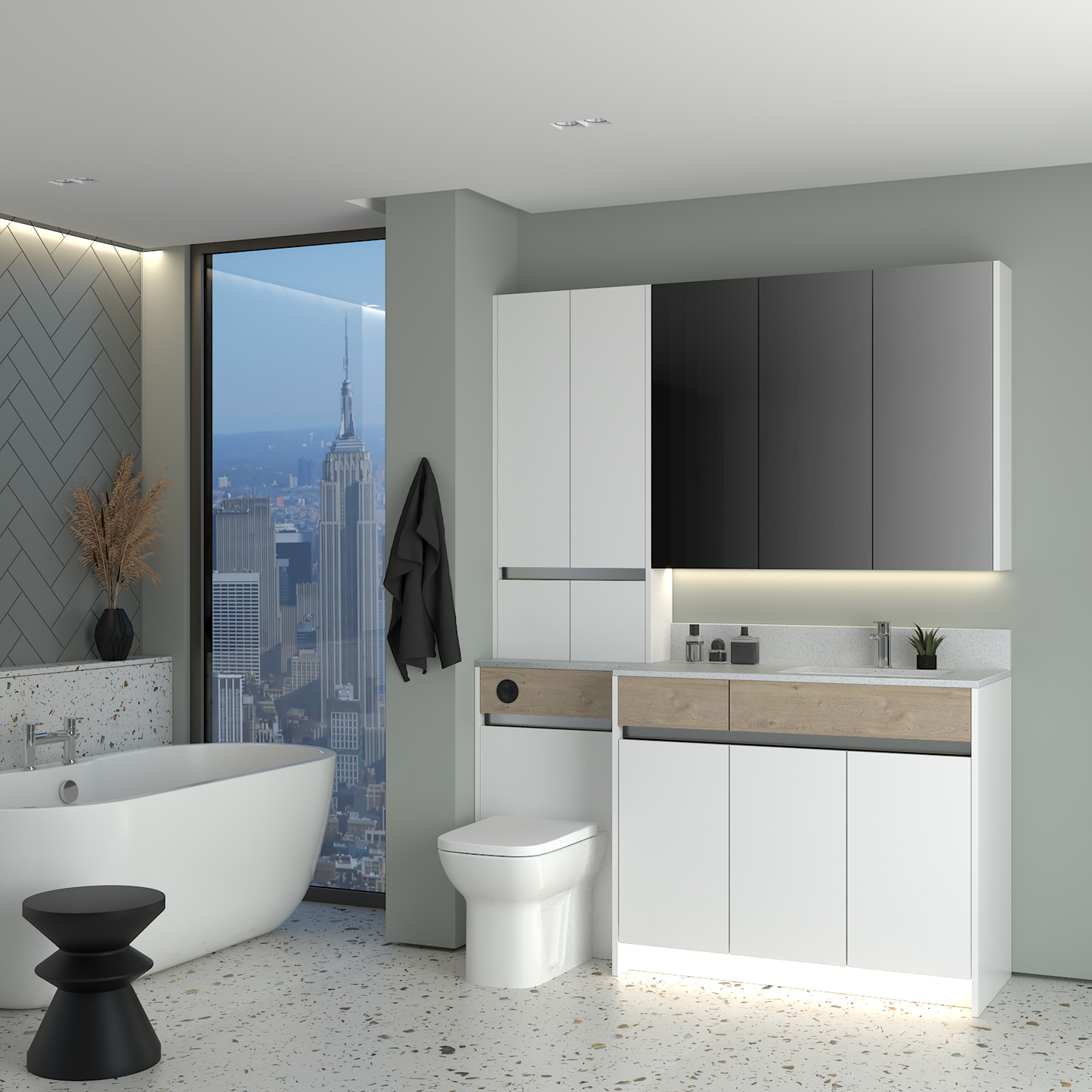 ELANA OAK / MATT WITH CHROME PROFILE & TAP BASE, TALL & WALL UNITS BATHROOM FITTED FURNITURE