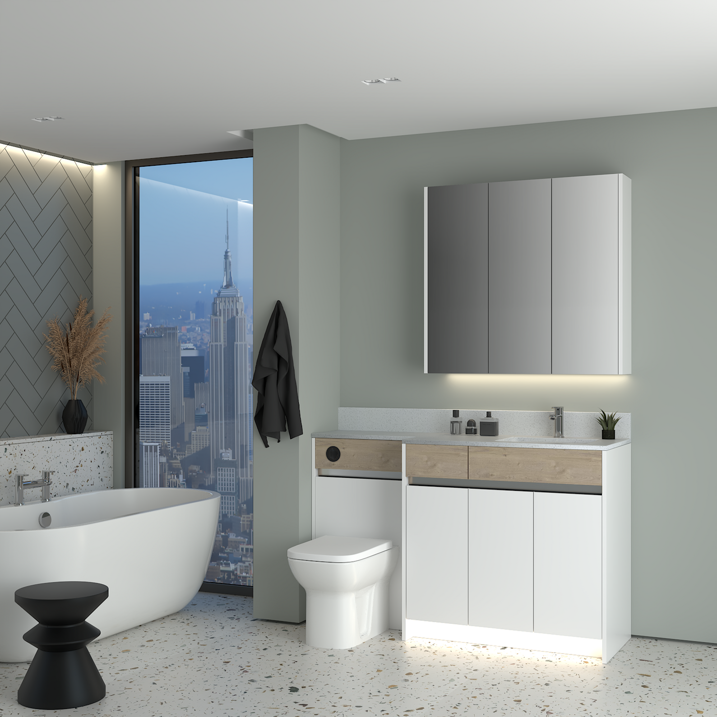 ELANA OAK / MATT WITH CHROME PROFILE & TAP BASE & WALL UNITS BATHROOM FITTED FURNITURE