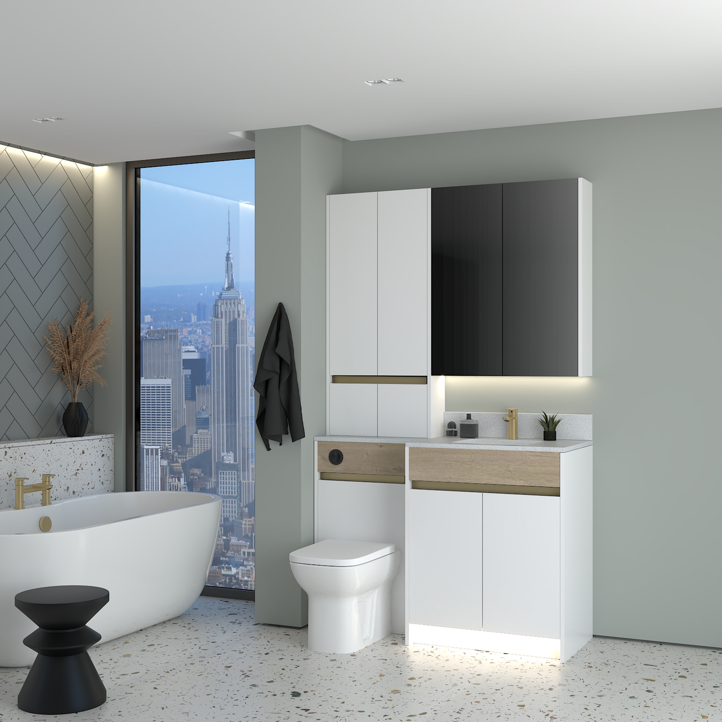 ELANA OAK / MATT WITH BRASS PROFILE & TAP BASE, TALL & WALL UNITS BATHROOM FITTED FURNITURE