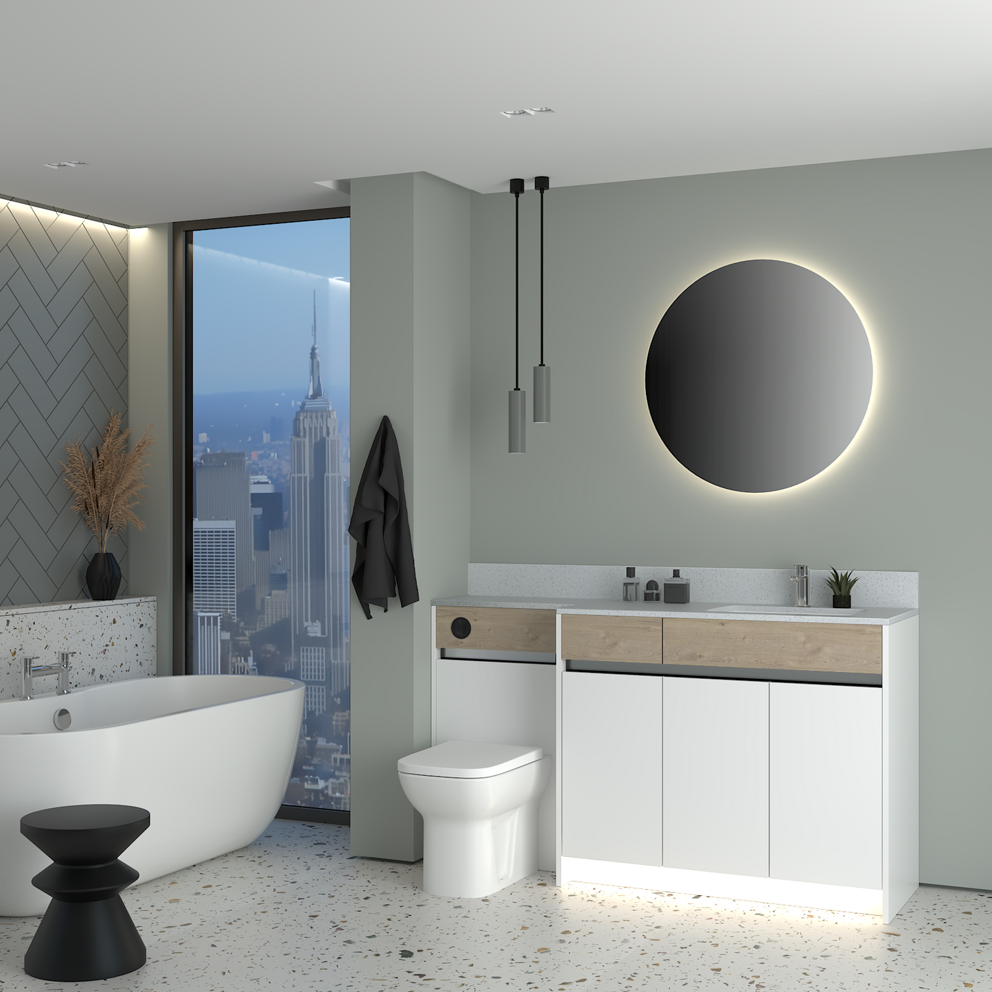 ELANA OAK / MATT WITH CHROME PROFILE & TAP BASE UNITS BATHROOM FITTED FURNITURE