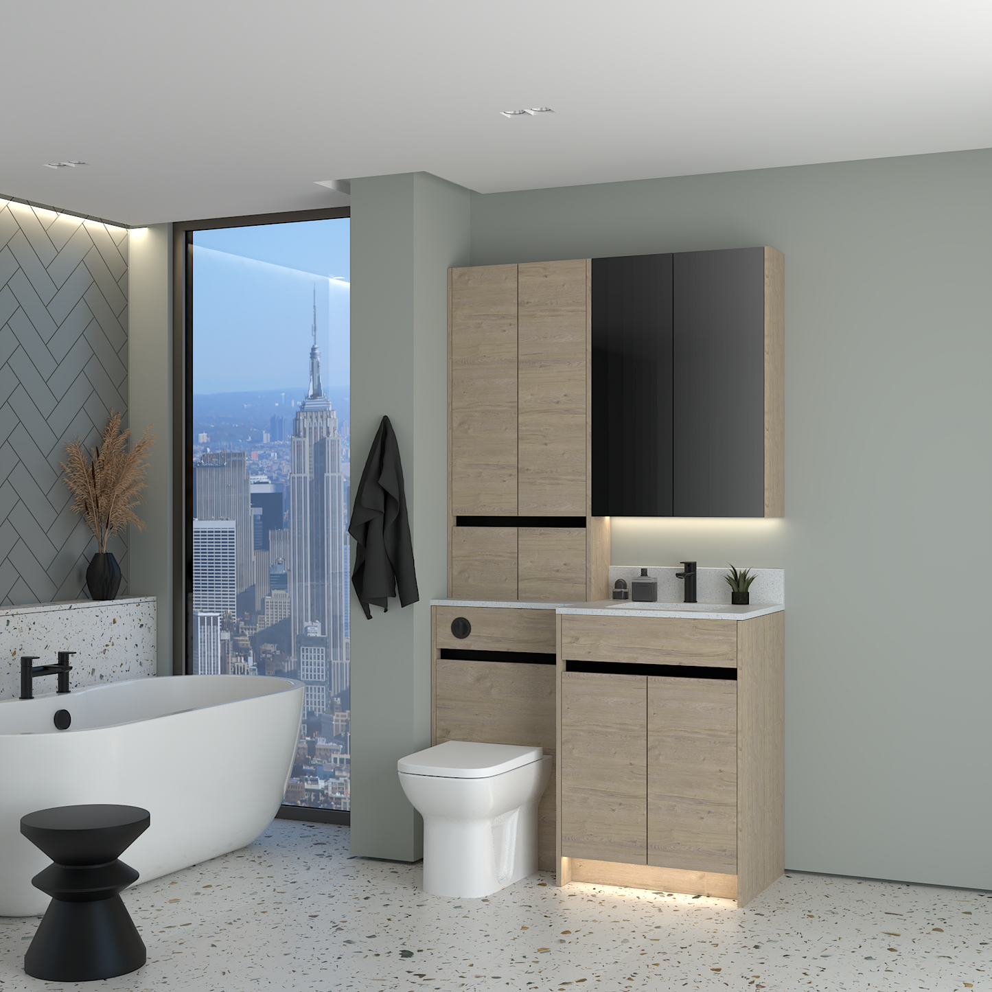 ELANA MATT WITH BLACK PROFILE & TAP BASE, TALL & WALL UNITS BATHROOM FITTED FURNITURE