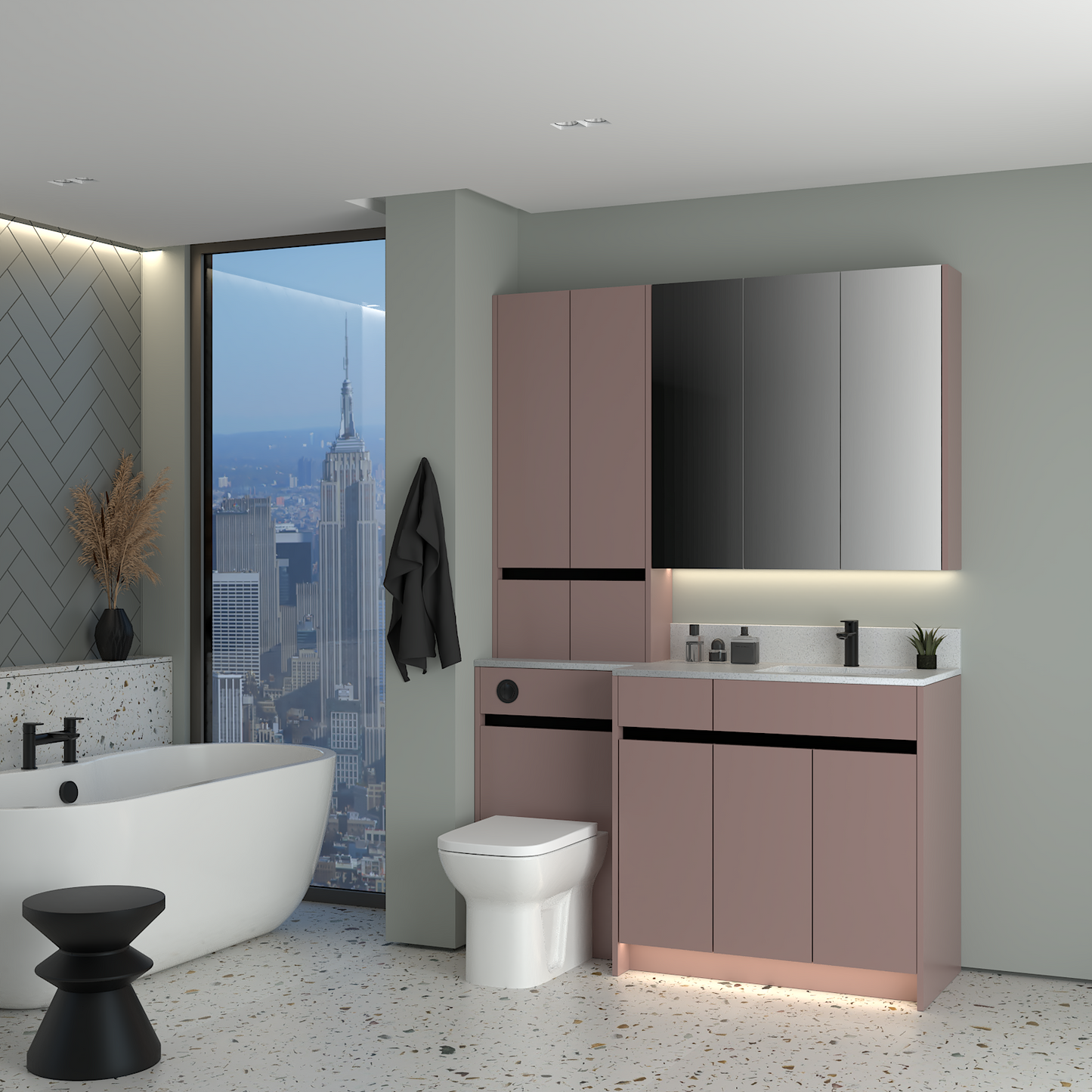 ELANA MATT WITH BLACK PROFILE & TAP BASE, TALL & WALL UNITS BATHROOM FITTED FURNITURE
