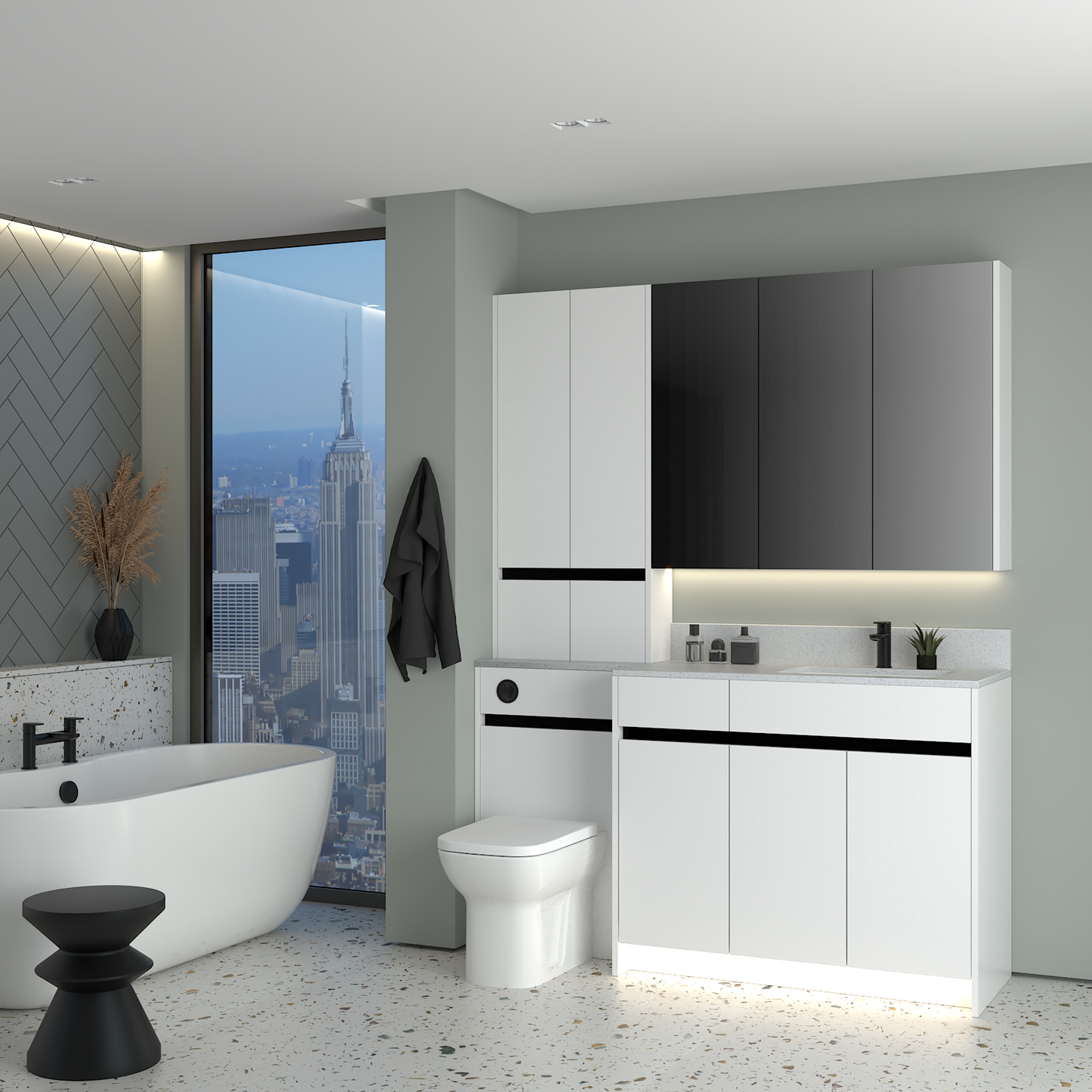 ELANA MATT WITH BLACK PROFILE & TAP BASE, TALL & WALL UNITS BATHROOM FITTED FURNITURE