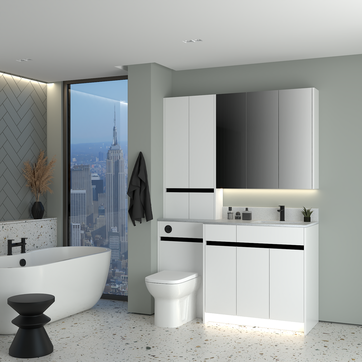 ELANA MATT WITH BLACK PROFILE & TAP BASE, TALL & WALL UNITS BATHROOM FITTED FURNITURE