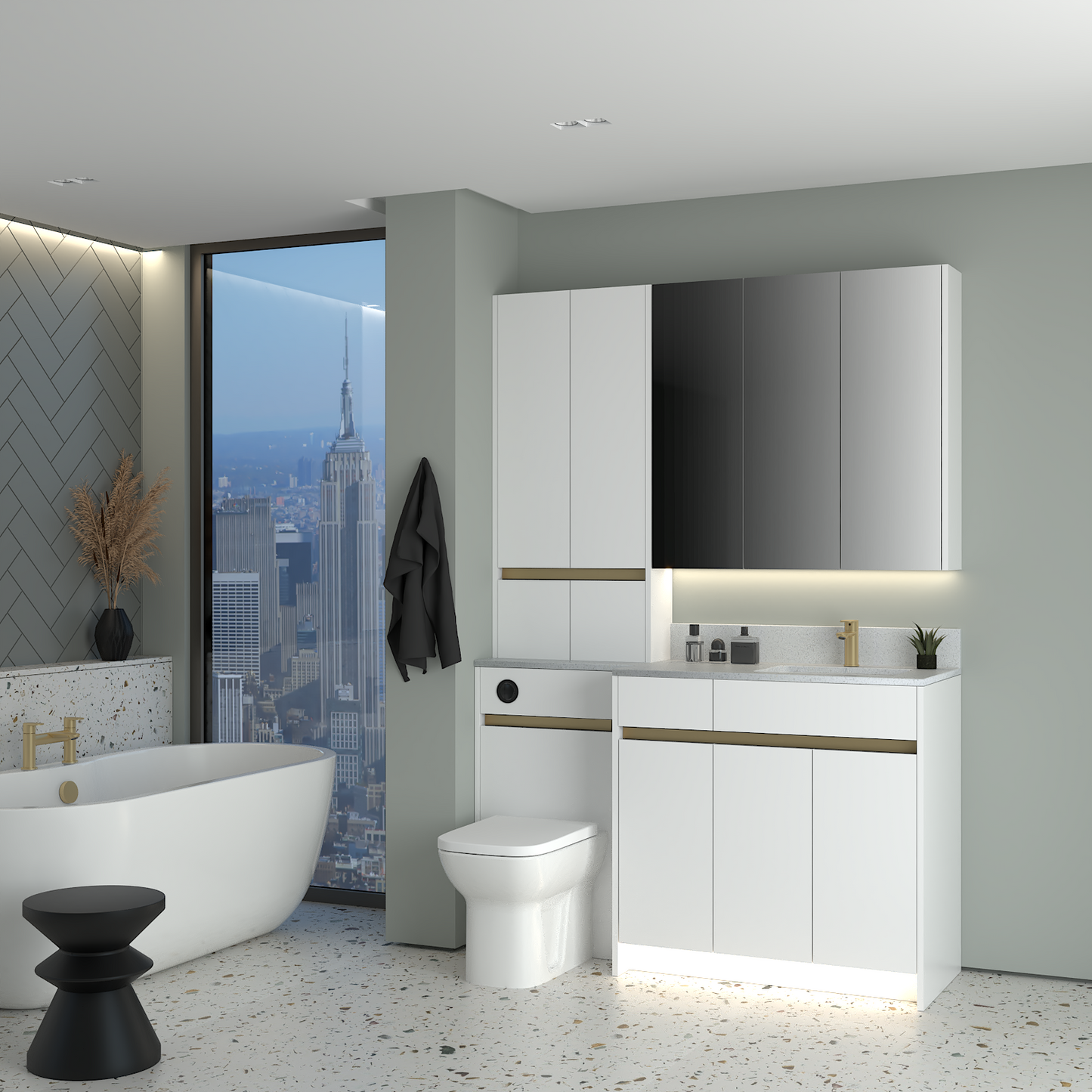 ELANA MATT WITH BRASS PROFILE & TAP BASE, TALL & WALL UNITS BATHROOM FITTED FURNITURE