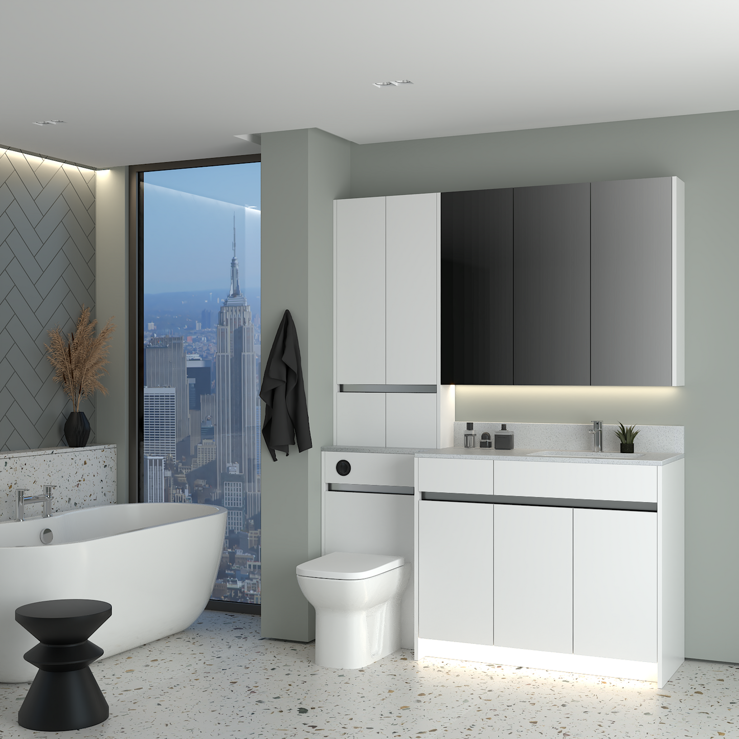 ELANA MATT WITH CHROME PROFILE & TAP BASE, TALL & WALL UNITS BATHROOM FITTED FURNITURE
