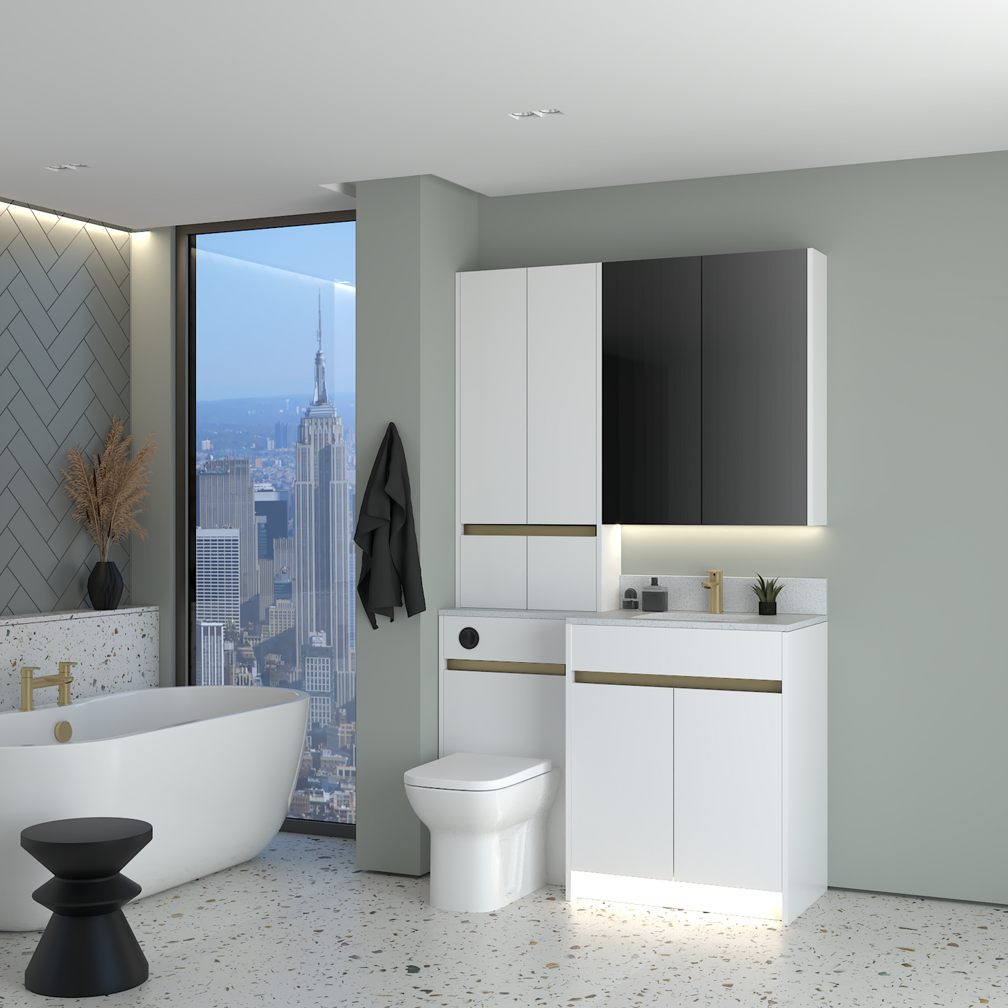 ELANA MATT WITH BRASS PROFILE & TAP BASE, TALL & WALL UNITS BATHROOM FITTED FURNITURE